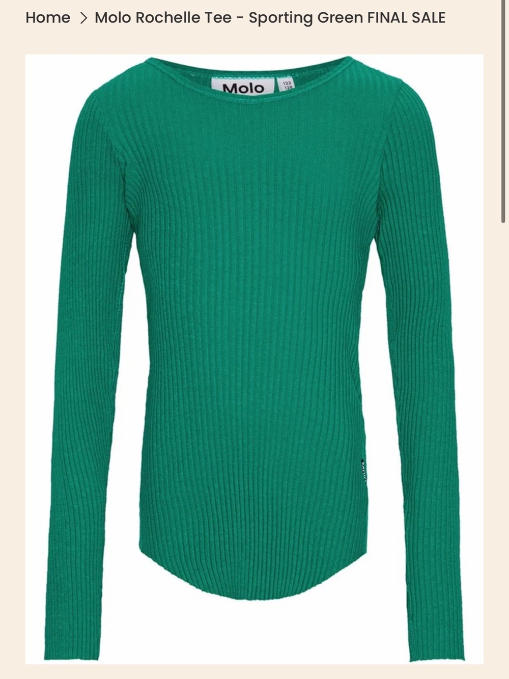 Molo Stretchy Ribbed Raw Hem ‘Rochelle’ Long Sleeve Kids Sporting Green NWOT 5T